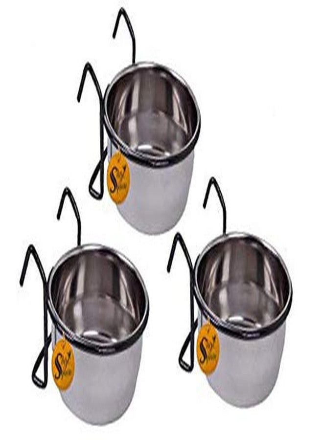 Sage Square Rustproof Stainless Steel Cage Food, Seed, Water Feeder Cum Bowl with Holder clamp for Birds (250ml) (Pack of 3) - Image 1